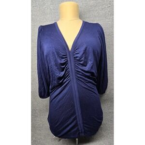 Willi Smith Navy Blue Ruched V-Neck Puff Sleeve Knit Top XL